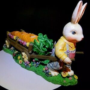 Vintage Bunny Rabbit Pulling Long Carrot Candle Holders Easter Tabletop Decor
